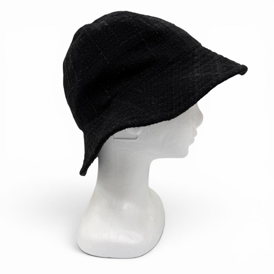 Great CHANEL hat Silk blend corsage COCO Mark tweed black wool Women 57