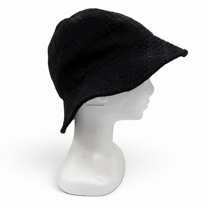 Great CHANEL hat Silk blend corsage COCO Mark tweed black wool Women 57