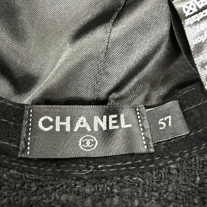 Great CHANEL hat Silk blend corsage COCO Mark tweed black wool Women 57