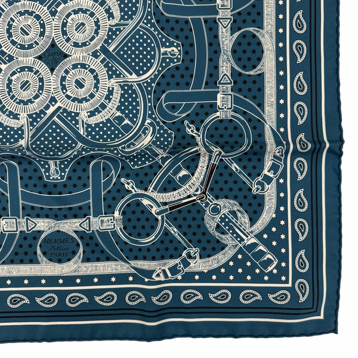Excellent HERMES scarf Apron, doll, bandana Blue silk Women