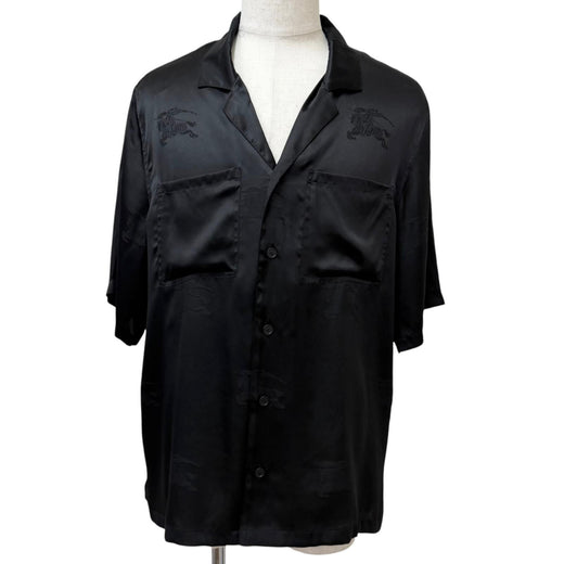 Pristine BURBERRY Short sleeve shirt Logo print, open collar. black silk mens