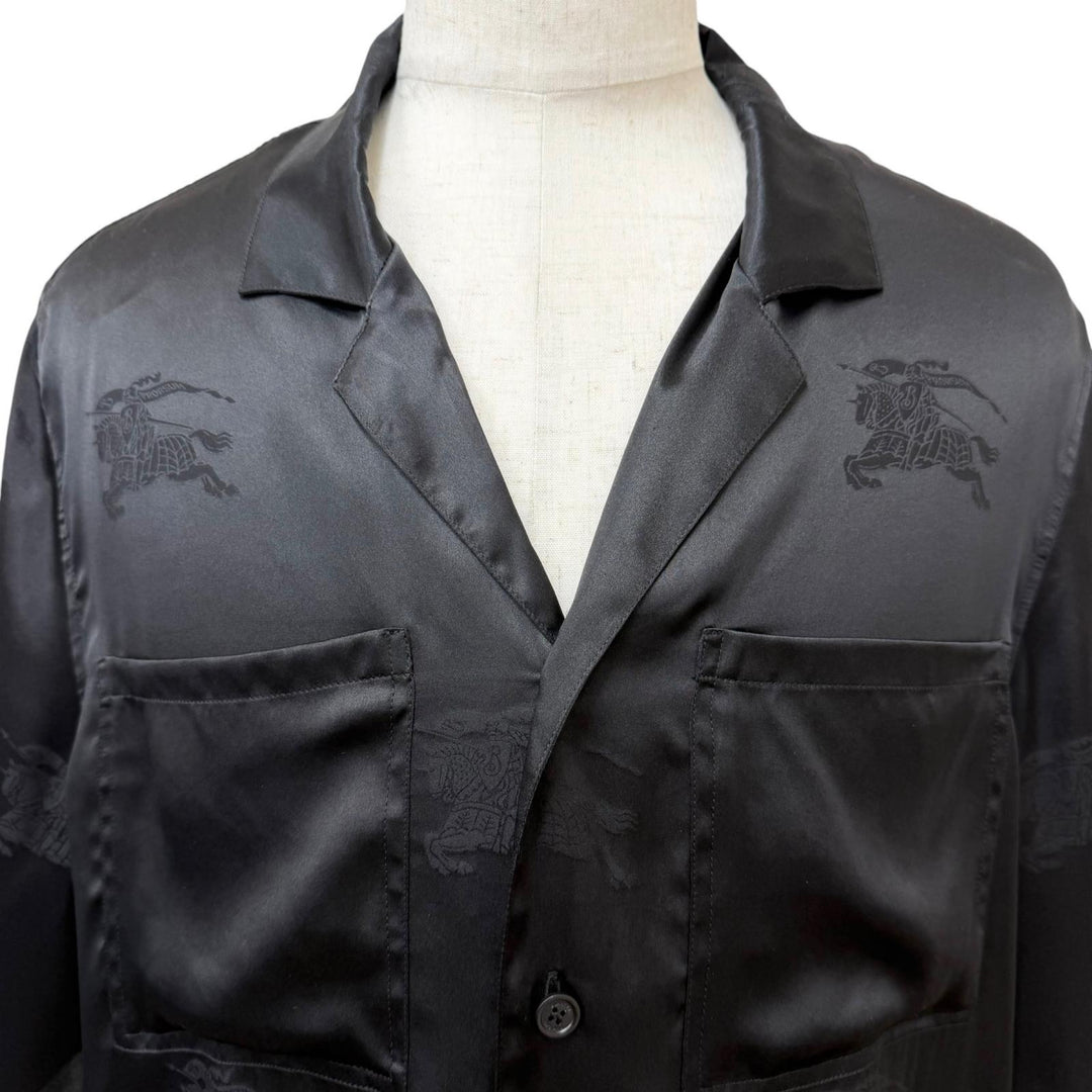 Pristine BURBERRY Short sleeve shirt Logo print, open collar. black silk mens