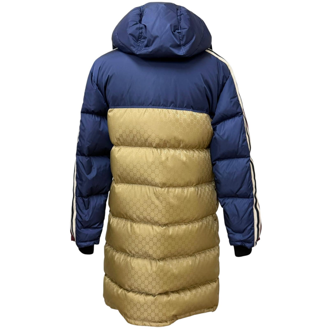 Pristine GUCCI down coat Logo print, side stripe, hooded beige