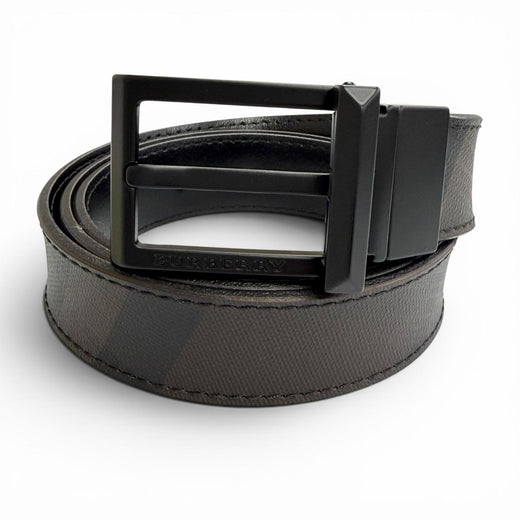 Excellent BURBERRY belt Check Pattern Logo Buckle Brown leather mens