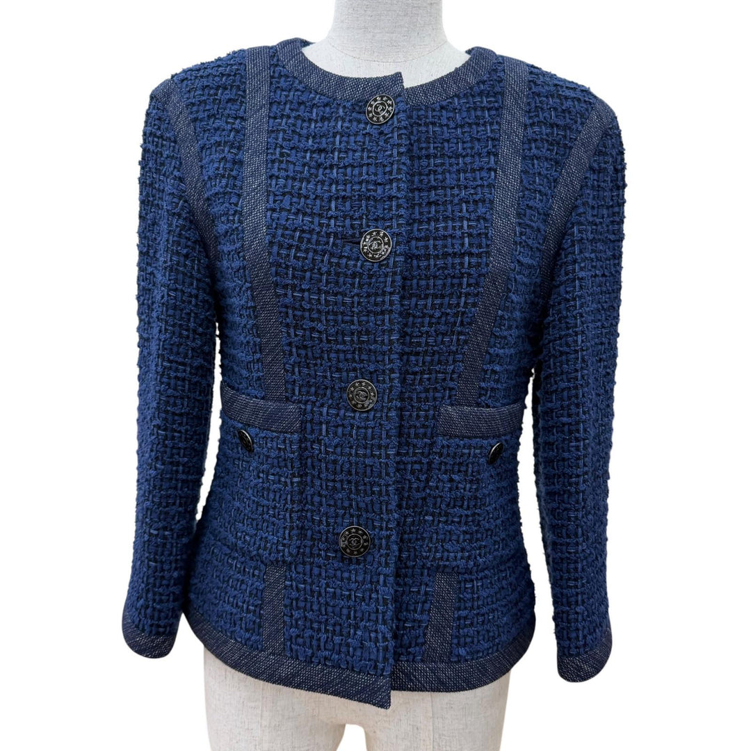 Excellent CHANEL collarless jacket COCO Mark Button Tweed Jacket Navy 36 P45580