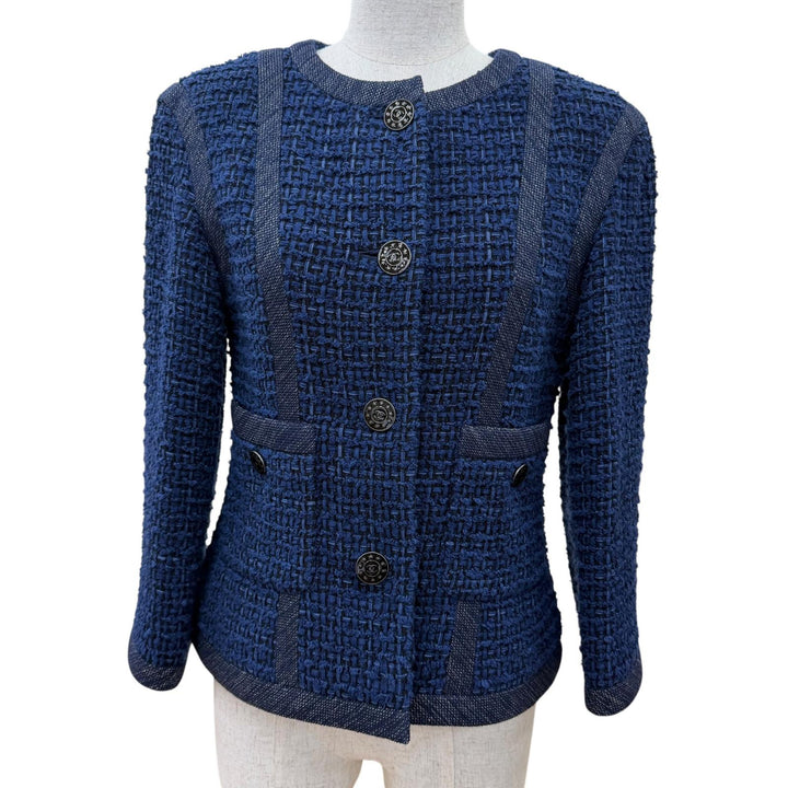 Excellent CHANEL collarless jacket COCO Mark Button Tweed Jacket Navy 36 P45580