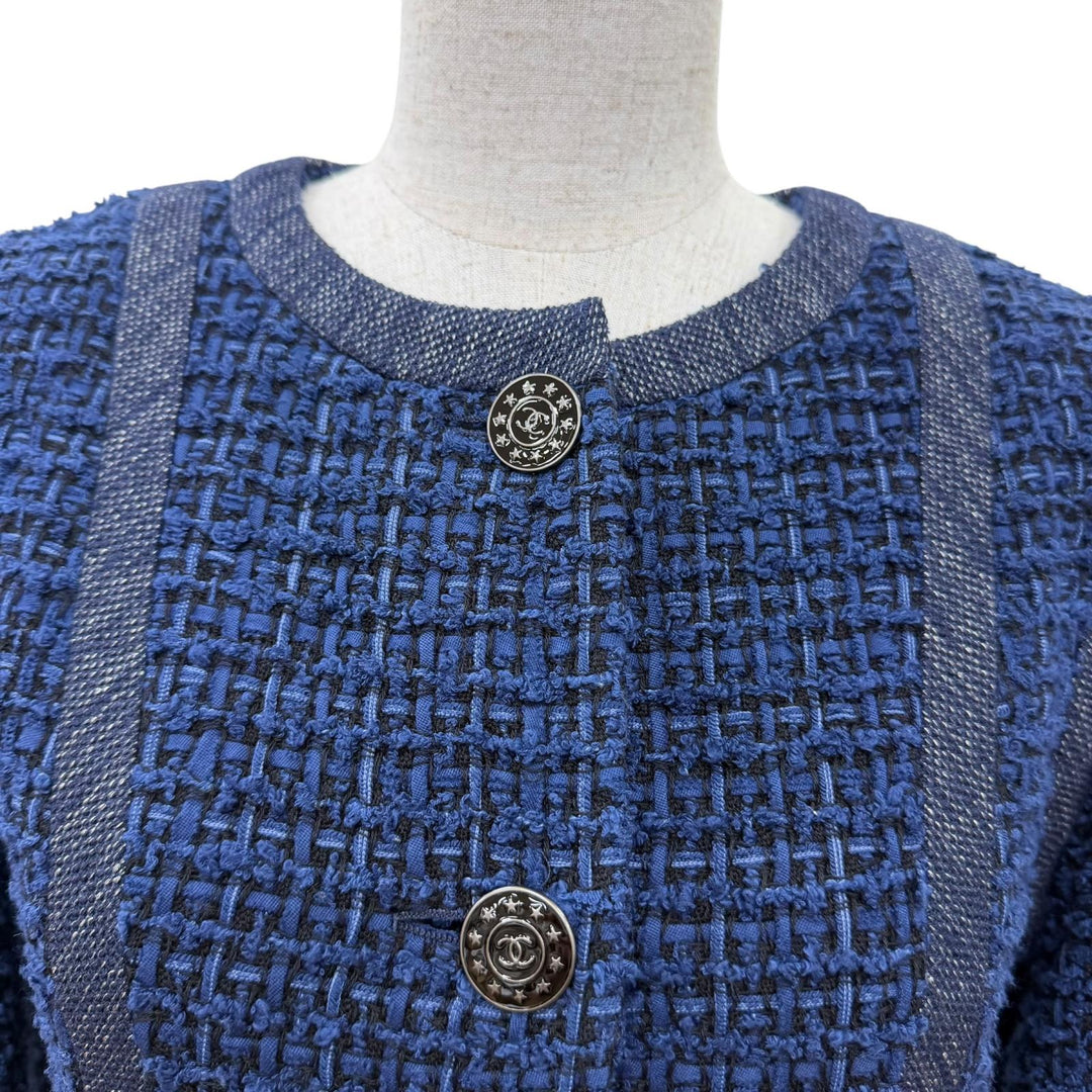 Excellent CHANEL collarless jacket COCO Mark Button Tweed Jacket Navy 36 P45580