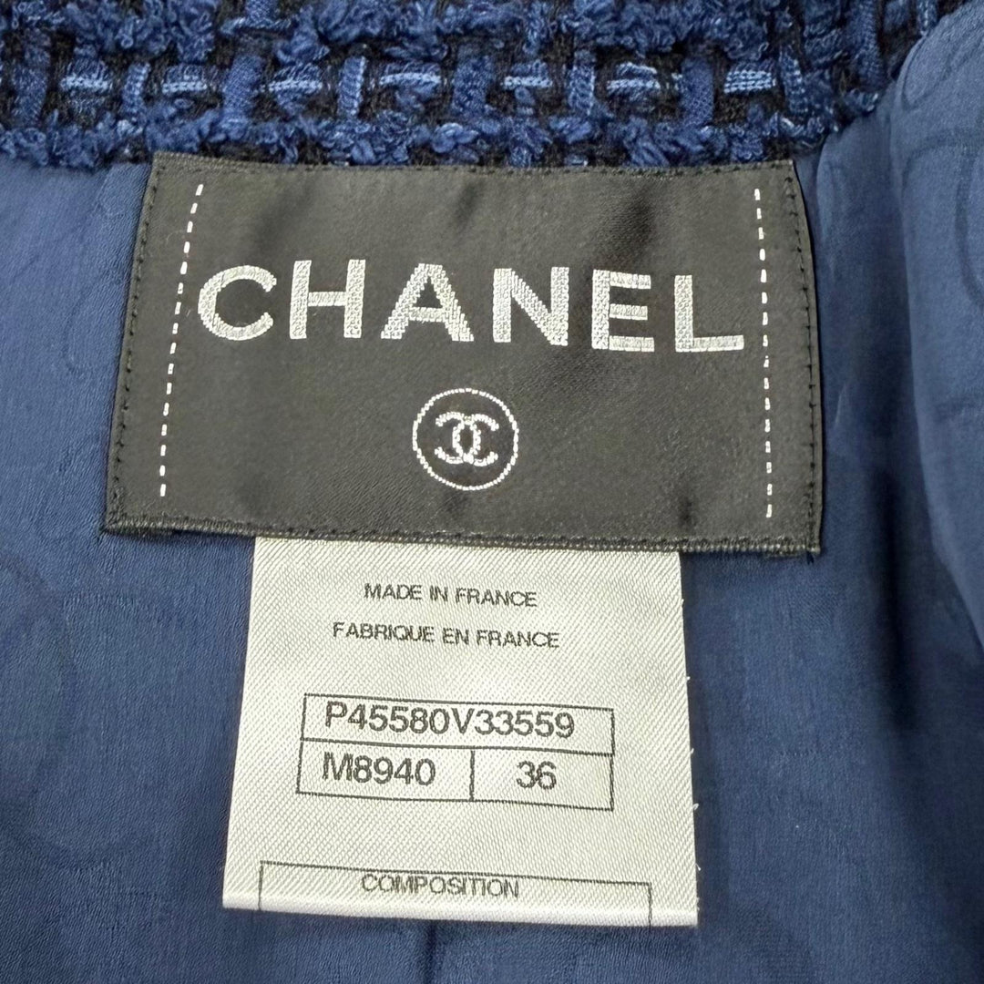 Excellent CHANEL collarless jacket COCO Mark Button Tweed Jacket Navy 36 P45580