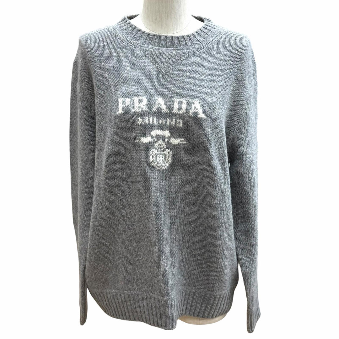 Great PRADA sweater Logo Cashmere Wool Crew Neck Sweater gray wool 42 P24G1V