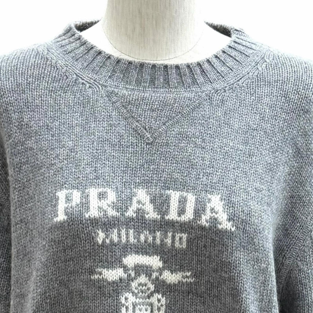 Great PRADA sweater Logo Cashmere Wool Crew Neck Sweater gray wool 42 P24G1V