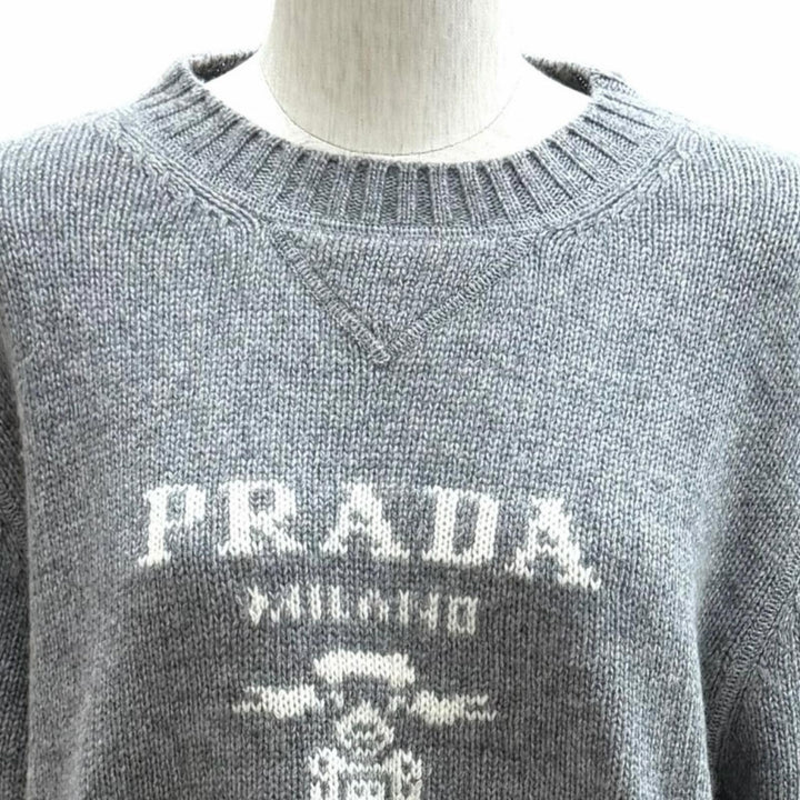 Great PRADA sweater Logo Cashmere Wool Crew Neck Sweater gray wool 42 P24G1V