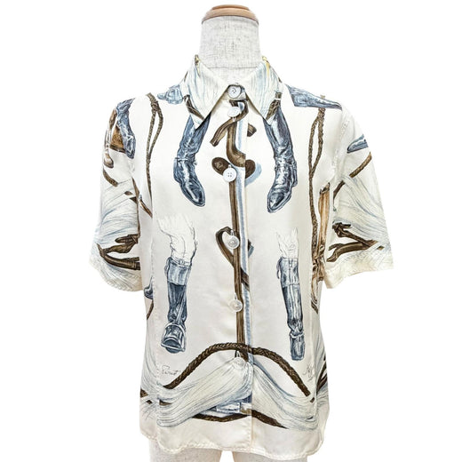 Great HERMES Short sleeve shirt A propos de Bottes Logo button Ivory silk 40