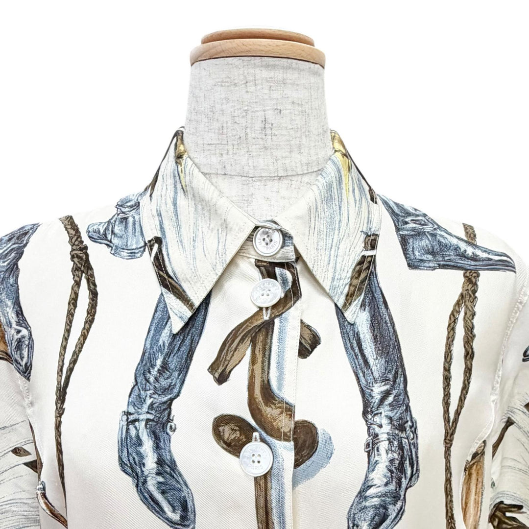 Great HERMES Short sleeve shirt A propos de Bottes Logo button Ivory silk 40