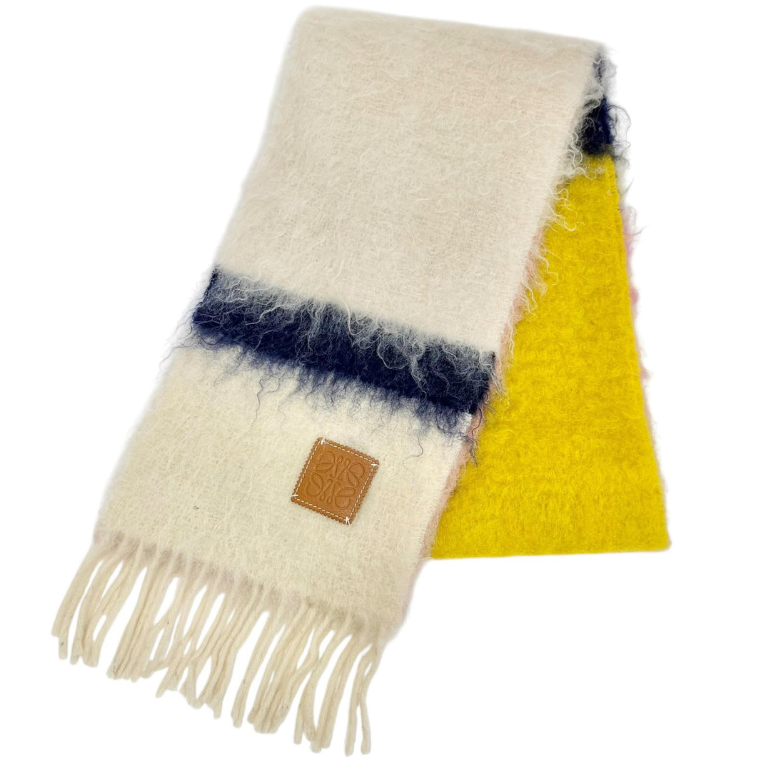 Great LOEWE Scarf Anagram Leather Patch Border Fringe Long Ivory wool Women