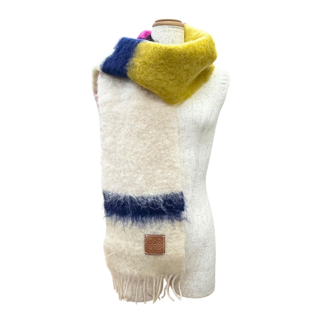 Great LOEWE Scarf Anagram Leather Patch Border Fringe Long Ivory wool Women