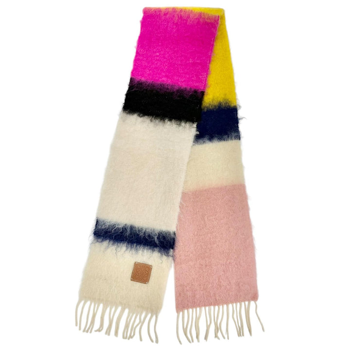 Great LOEWE Scarf Anagram Leather Patch Border Fringe Long Ivory wool Women