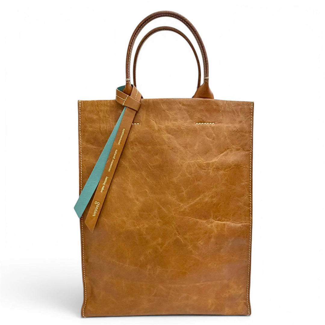 Excellent genten Square Leather Paper Bag Tote Bag Handbag Brown leather Women