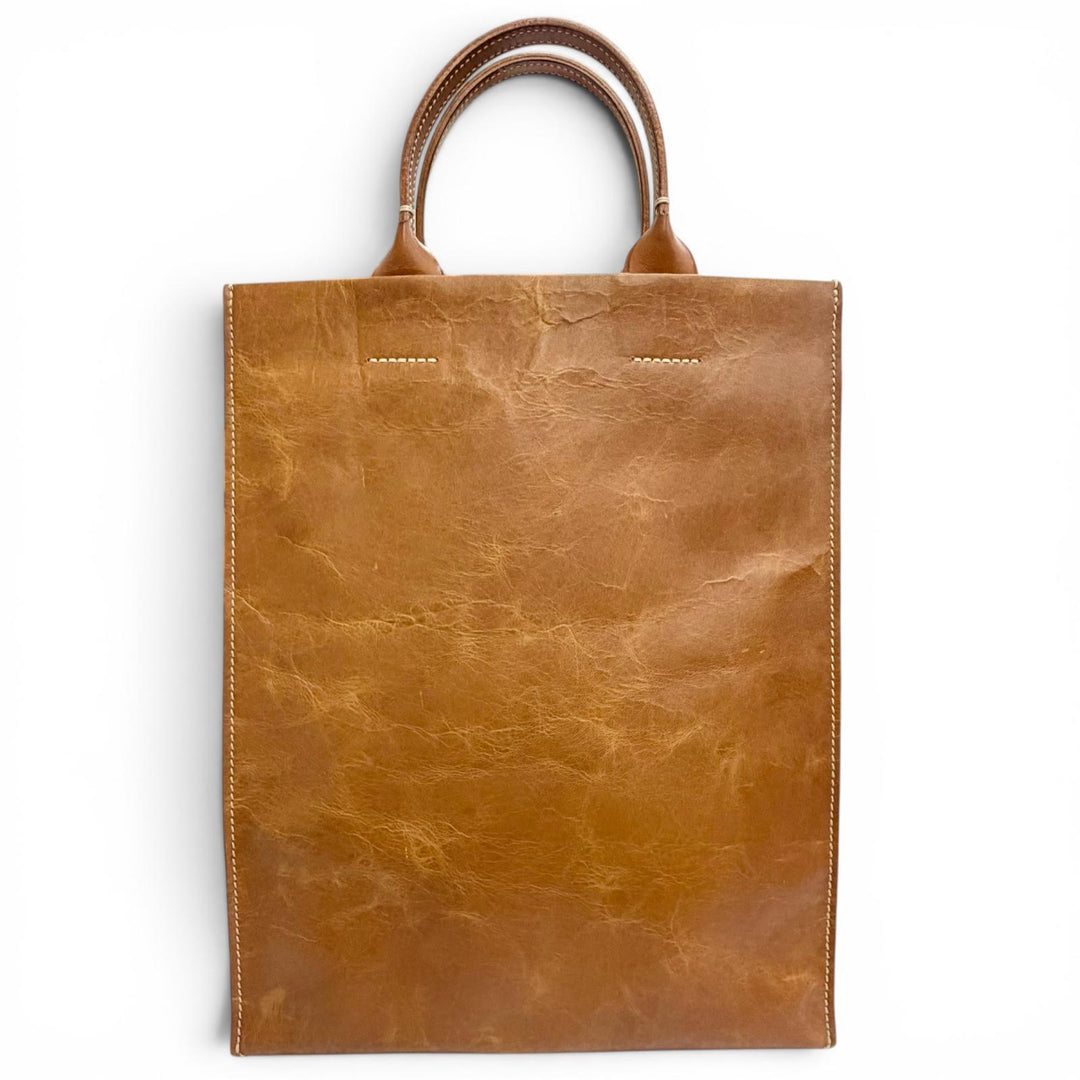 Excellent genten Square Leather Paper Bag Tote Bag Handbag Brown leather Women