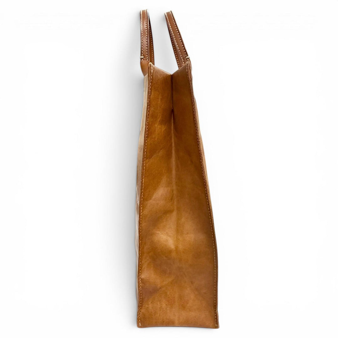 Excellent genten Square Leather Paper Bag Tote Bag Handbag Brown leather Women