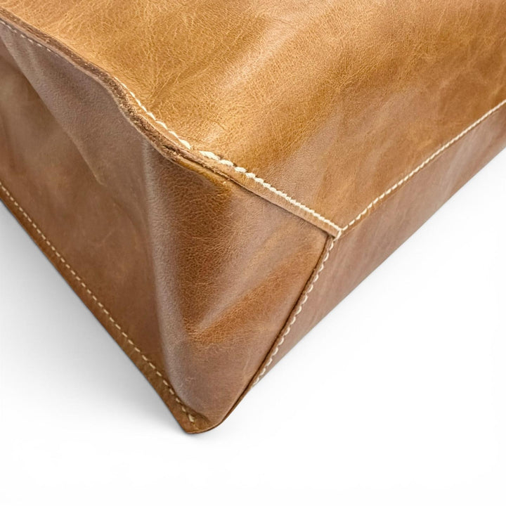 Excellent genten Square Leather Paper Bag Tote Bag Handbag Brown leather Women