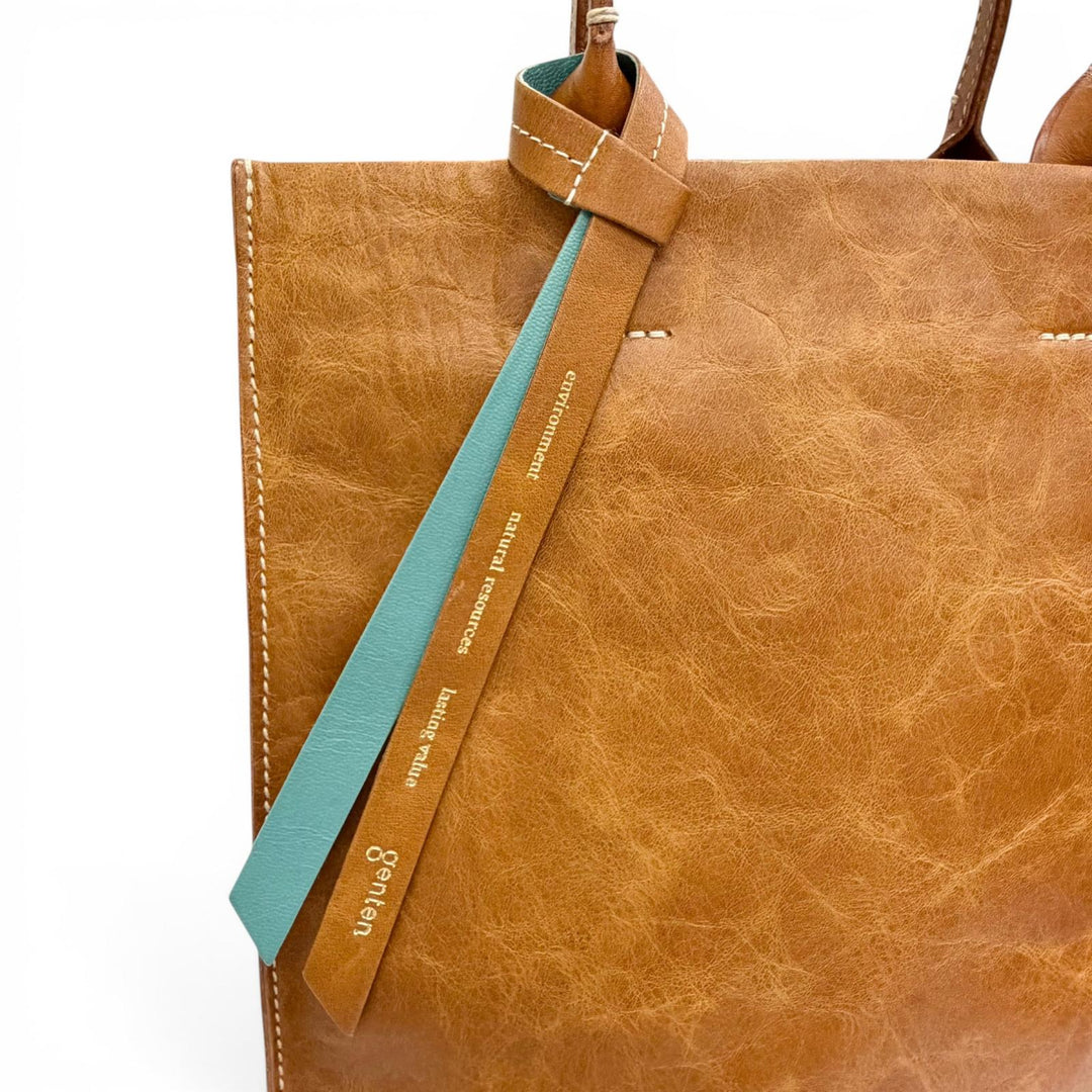 Excellent genten Square Leather Paper Bag Tote Bag Handbag Brown leather Women