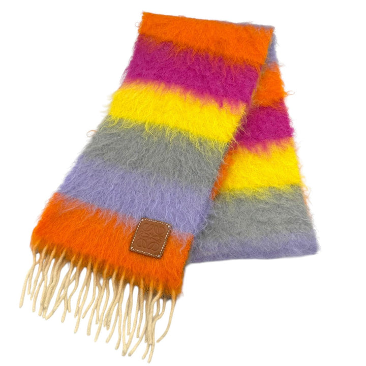 Great LOEWE Scarf Anagram Leather Patch Border Fringe Multi mohair Women