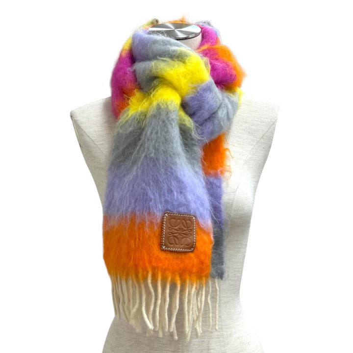 Great LOEWE Scarf Anagram Leather Patch Border Fringe Multi mohair Women