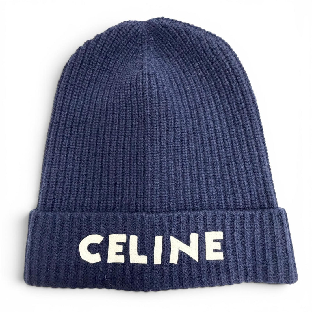 Pristine CELINE Knit cap Logo knit hat Navy wool Women 2A25R423P