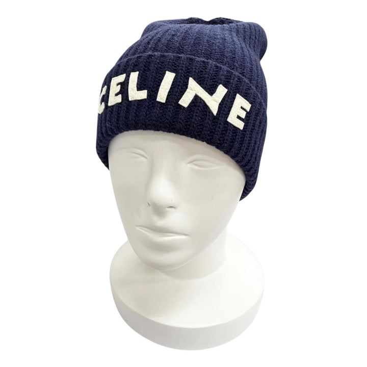 Pristine CELINE Knit cap Logo knit hat Navy wool Women 2A25R423P
