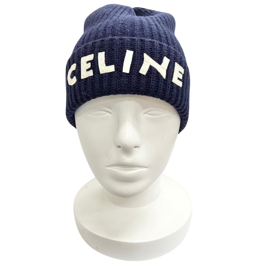 Pristine CELINE Knit cap Logo knit hat Navy wool Women 2A25R423P