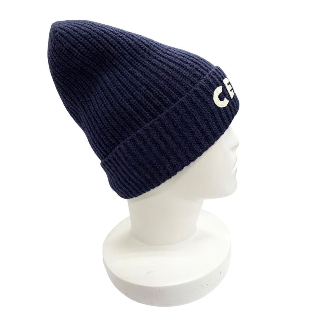 Pristine CELINE Knit cap Logo knit hat Navy wool Women 2A25R423P