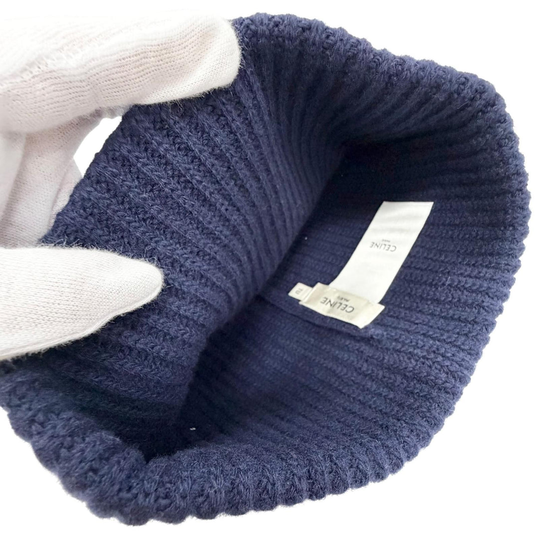 Pristine CELINE Knit cap Logo knit hat Navy wool Women 2A25R423P