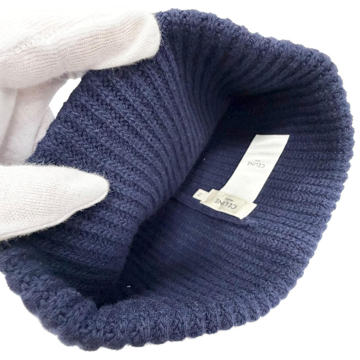 Pristine CELINE Knit cap Logo knit hat Navy wool Women 2A25R423P
