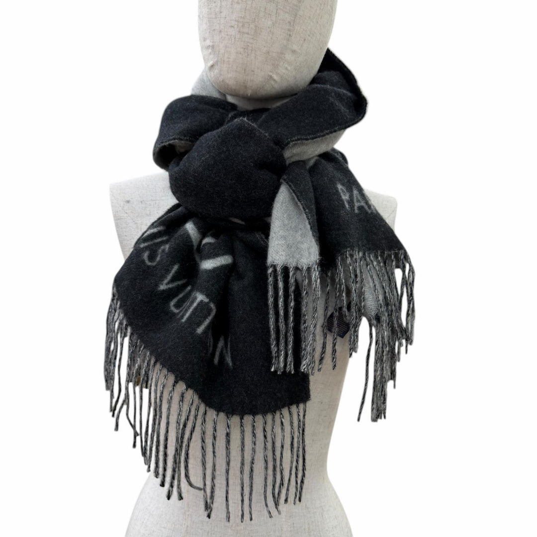 Excellent LOUIS VUITTON Muffler Reykjavik S00 Monogram fringe cashmere M71040