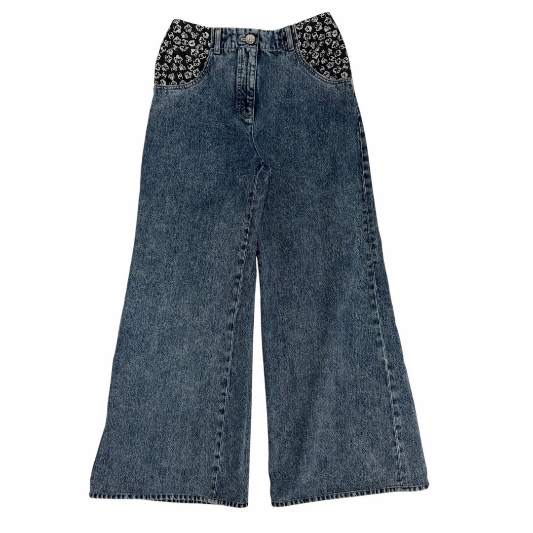 Excellent CHANEL Denim pants COCO Mark Camellia Print Washed Wide 36 P80387