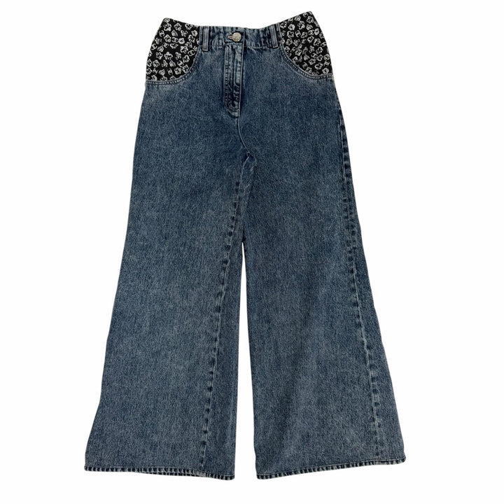 Excellent CHANEL Denim pants COCO Mark Camellia Print Washed Wide 36 P80387