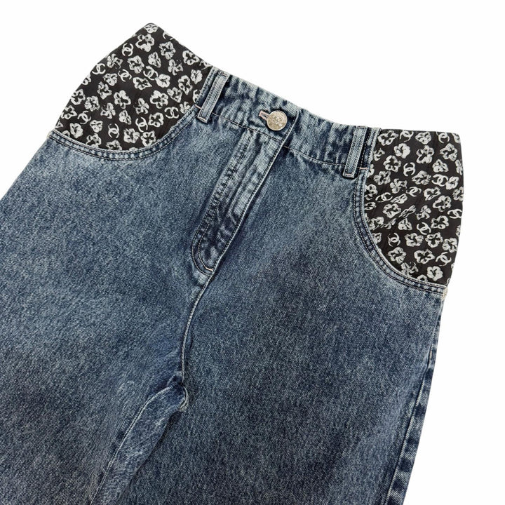 Excellent CHANEL Denim pants COCO Mark Camellia Print Washed Wide 36 P80387