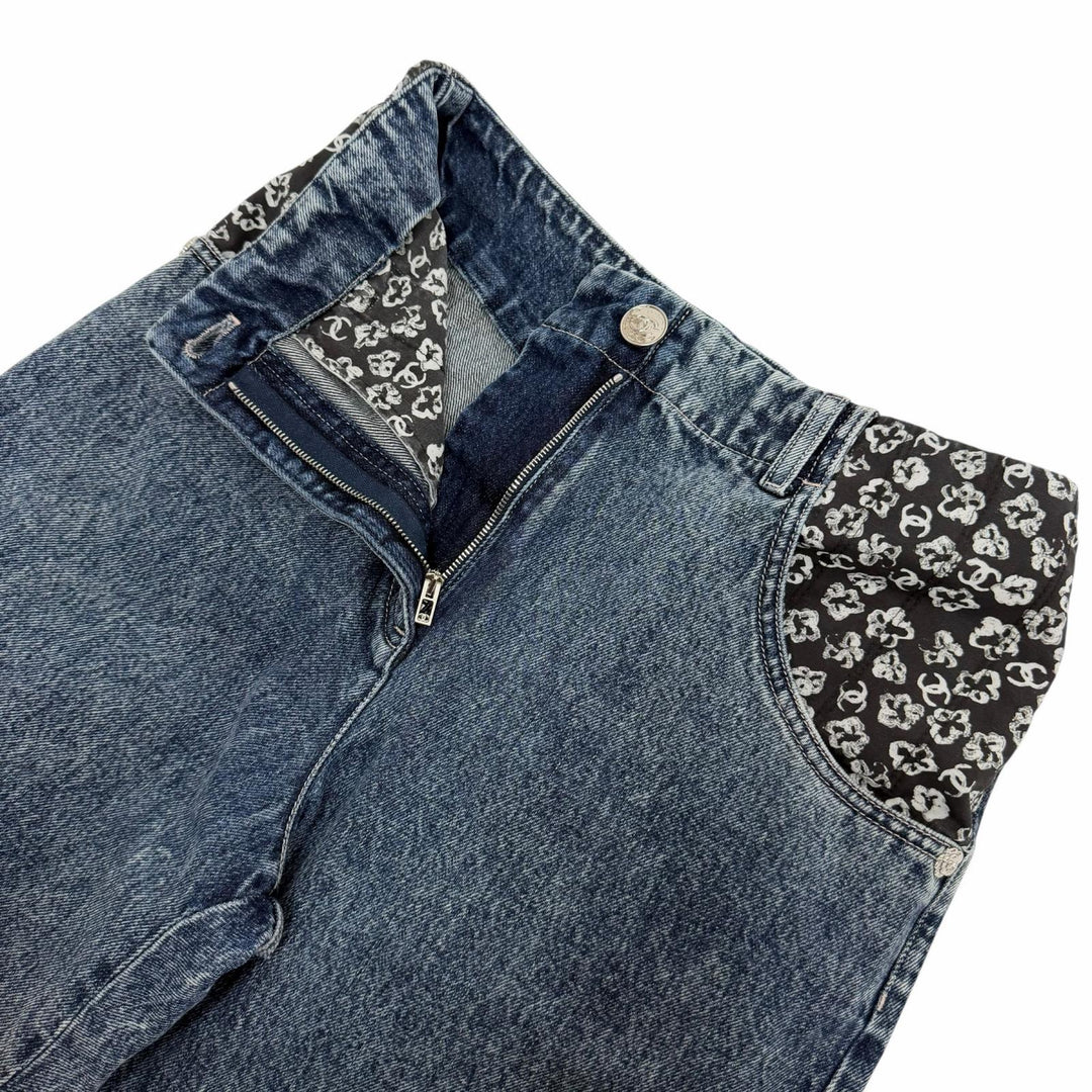 Excellent CHANEL Denim pants COCO Mark Camellia Print Washed Wide 36 P80387