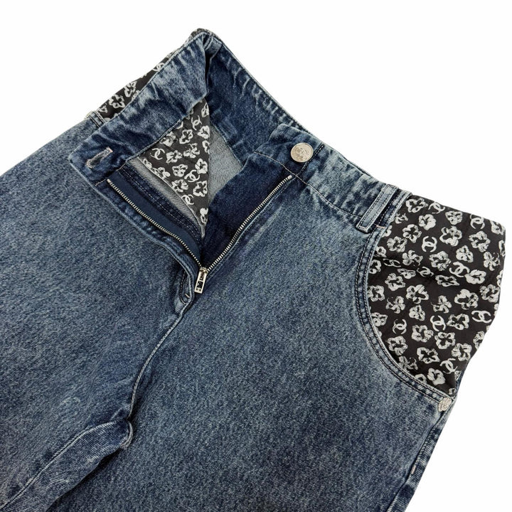 Excellent CHANEL Denim pants COCO Mark Camellia Print Washed Wide 36 P80387