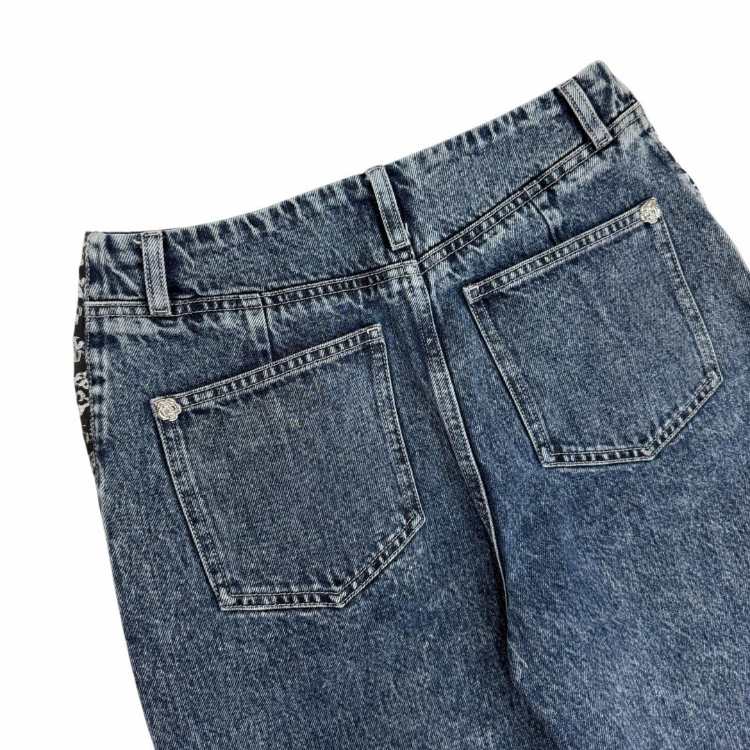 Excellent CHANEL Denim pants COCO Mark Camellia Print Washed Wide 36 P80387