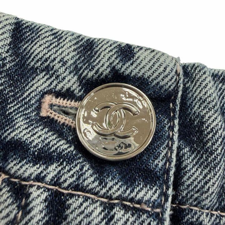 Excellent CHANEL Denim pants COCO Mark Camellia Print Washed Wide 36 P80387