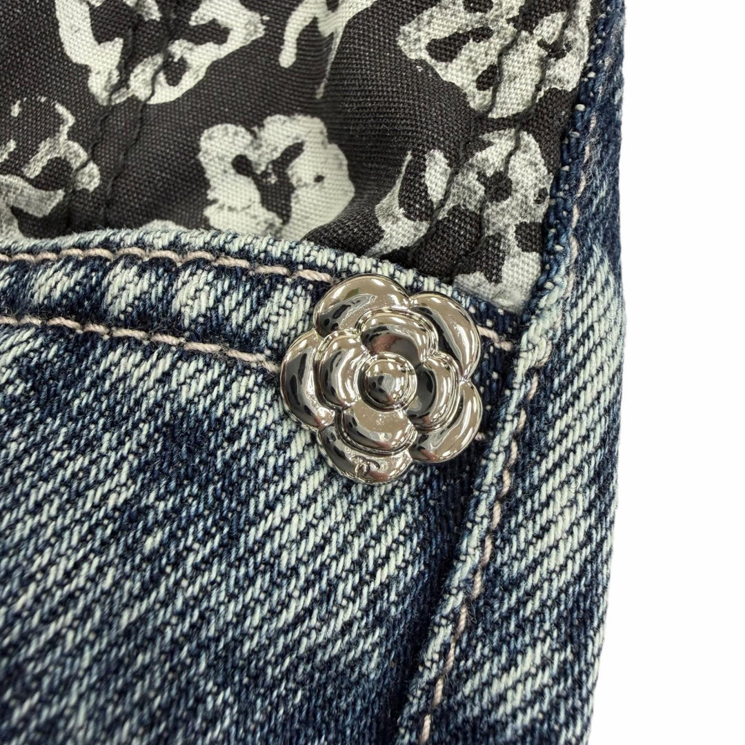 Excellent CHANEL Denim pants COCO Mark Camellia Print Washed Wide 36 P80387