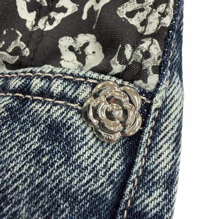 Excellent CHANEL Denim pants COCO Mark Camellia Print Washed Wide 36 P80387