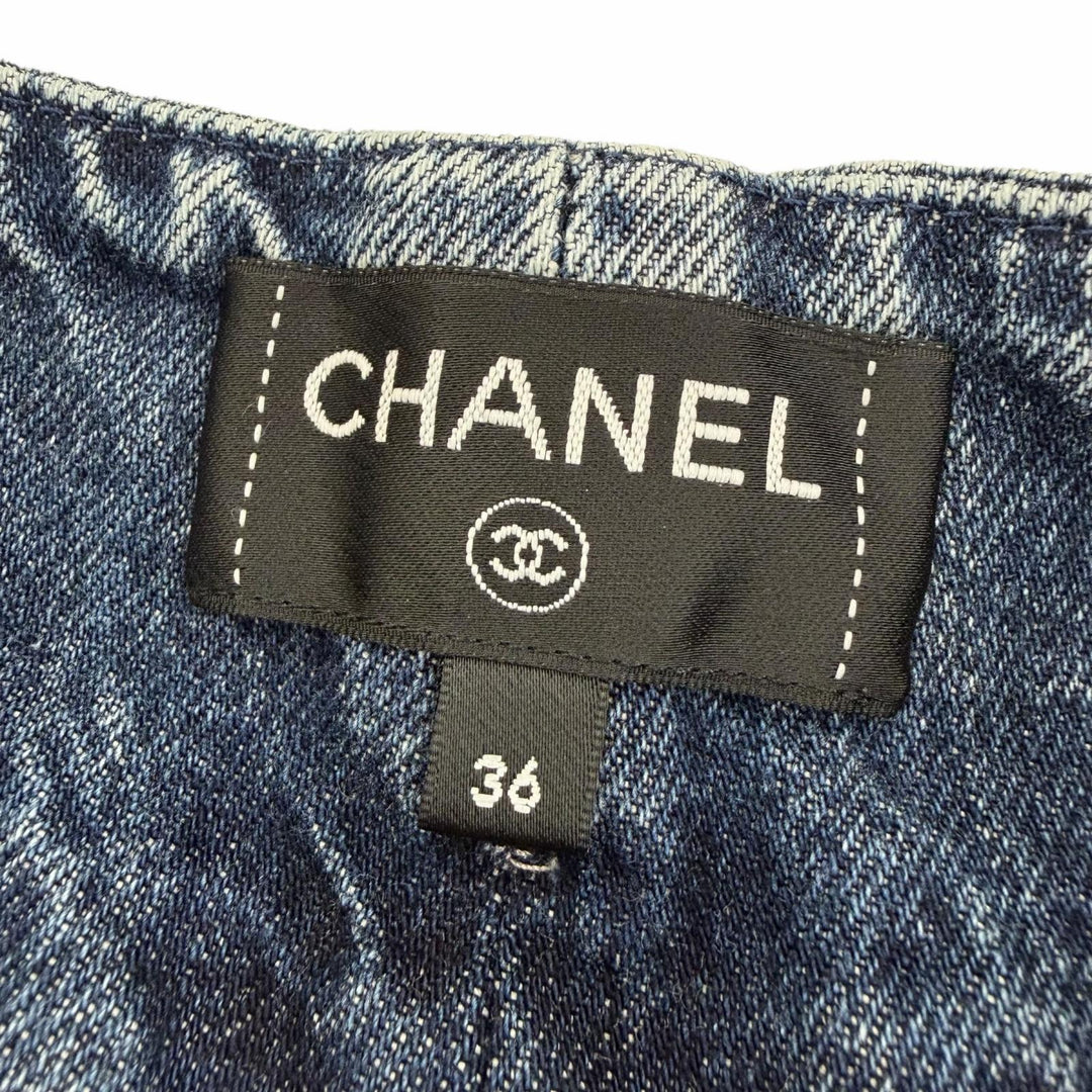 Excellent CHANEL Denim pants COCO Mark Camellia Print Washed Wide 36 P80387