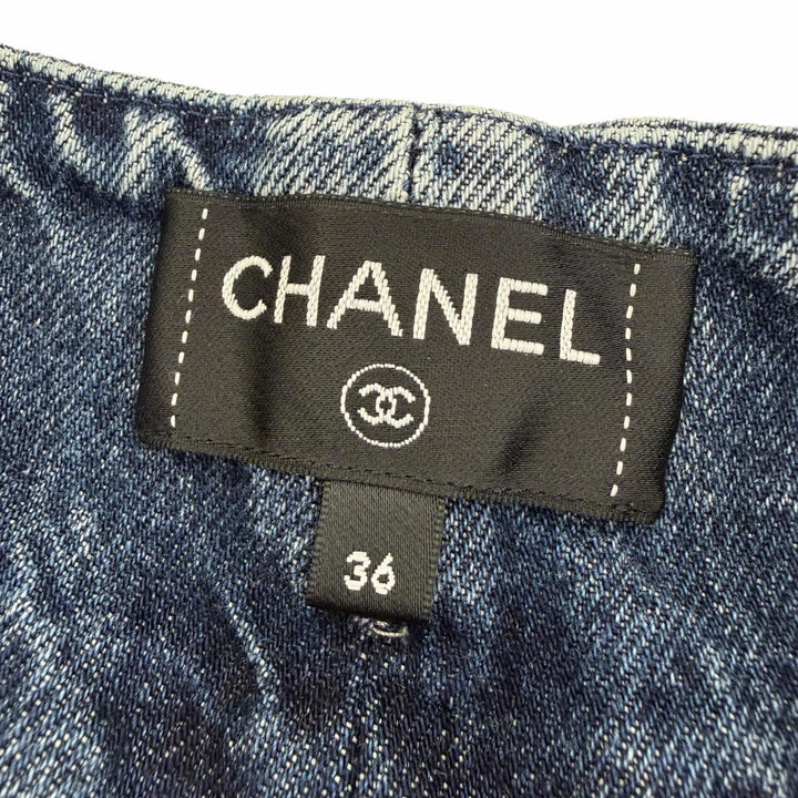 Excellent CHANEL Denim pants COCO Mark Camellia Print Washed Wide 36 P80387