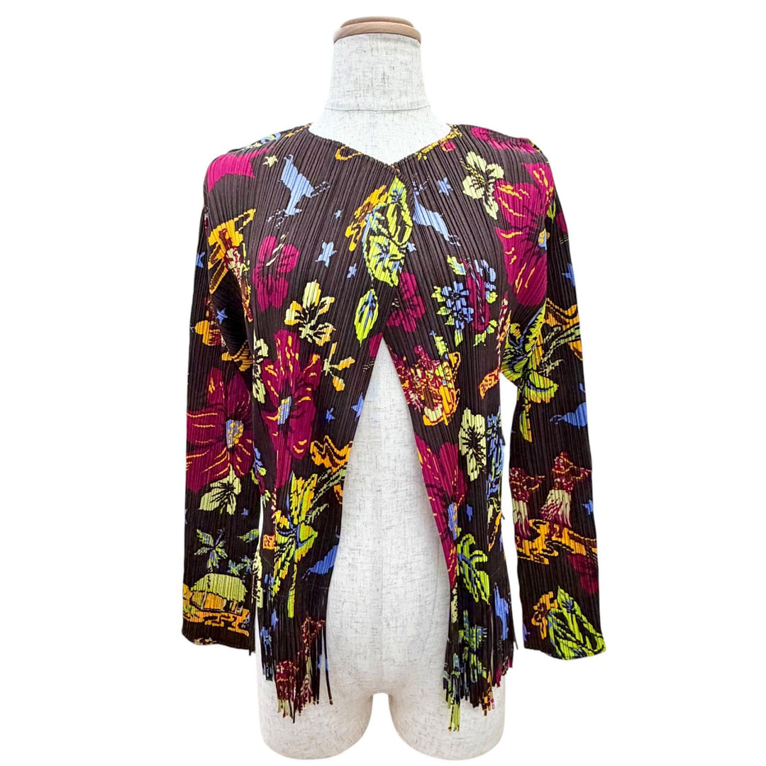 Excellent PLEATS PLEASE cardigan Hibiscus buttonless fringe 3 PP33-JO775