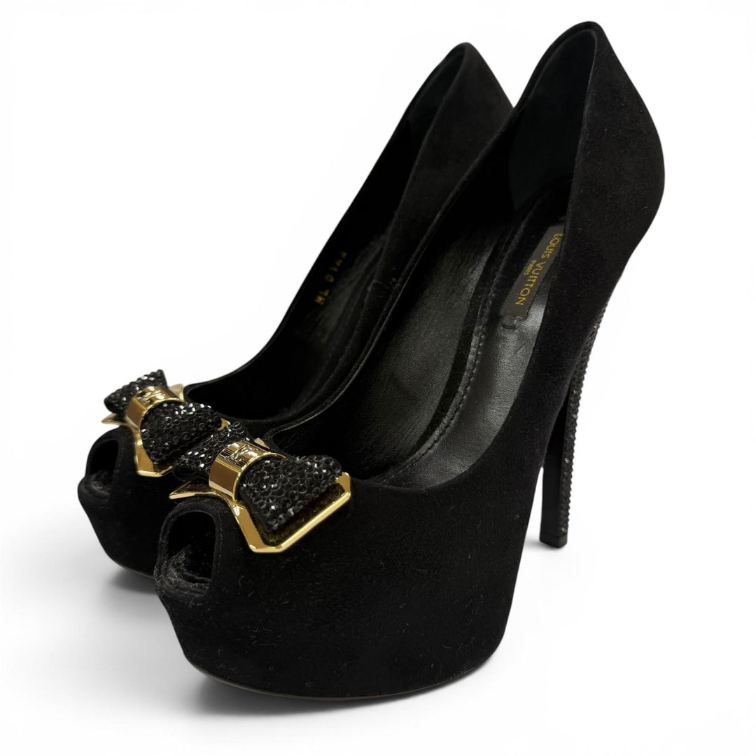 Great LOUIS VUITTON pumps LV Metal Ribbon Rhinestone Suede Leather black 35.5