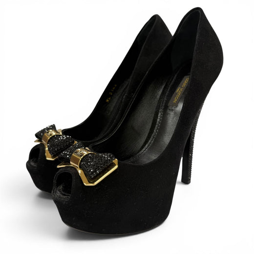 Great LOUIS VUITTON pumps LV Metal Ribbon Rhinestone Suede Leather black 35.5