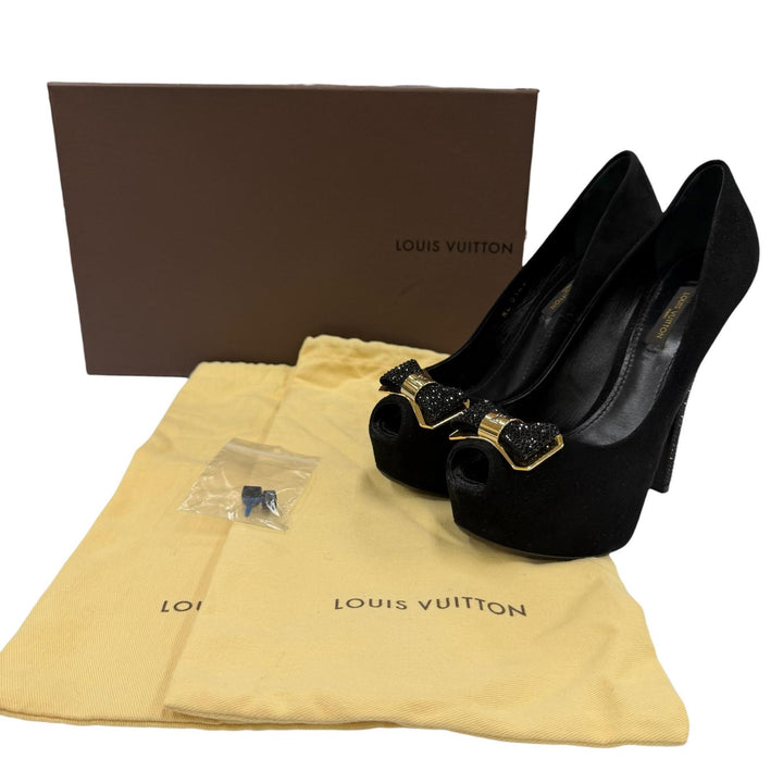 Great LOUIS VUITTON pumps LV Metal Ribbon Rhinestone Suede Leather black 35.5