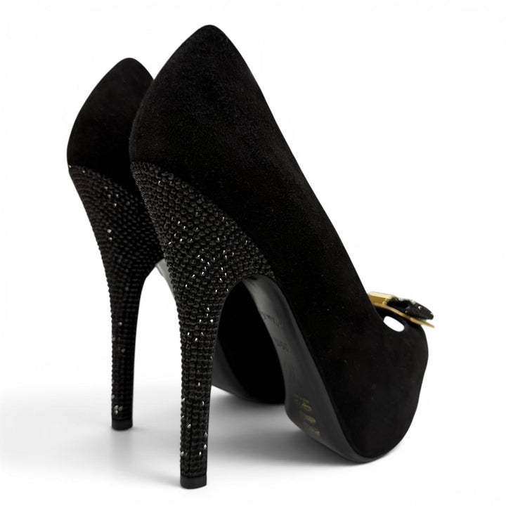 Great LOUIS VUITTON pumps LV Metal Ribbon Rhinestone Suede Leather black 35.5